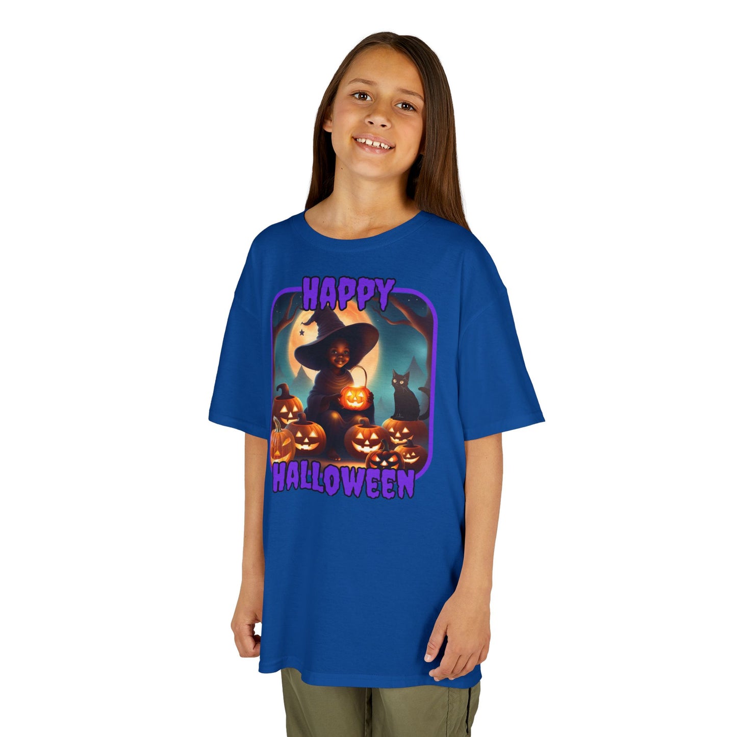 Happy Halloween Cute Witch Purple font Kids Heavy Cotton™ Tee by CreepyCrafts.boo