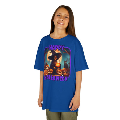 Happy Halloween Cute Witch Purple font Kids Heavy Cotton™ Tee by CreepyCrafts.boo