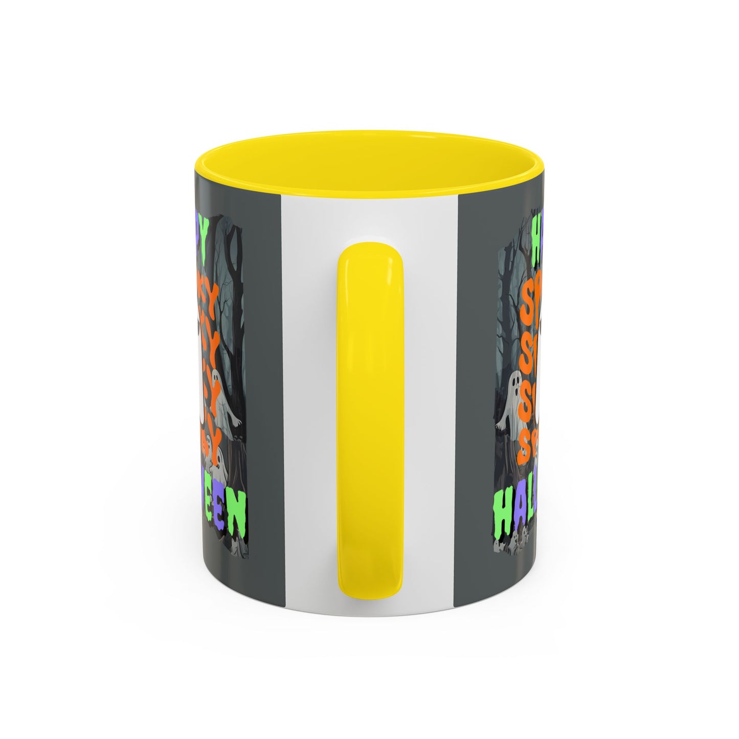 Spooky Happy Halloween Ghost Mixed font Grey Accent Mug by CreepyCrafts.boo