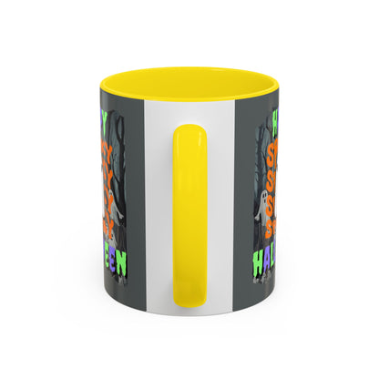 Spooky Happy Halloween Ghost Mixed font Grey Accent Mug by CreepyCrafts.boo