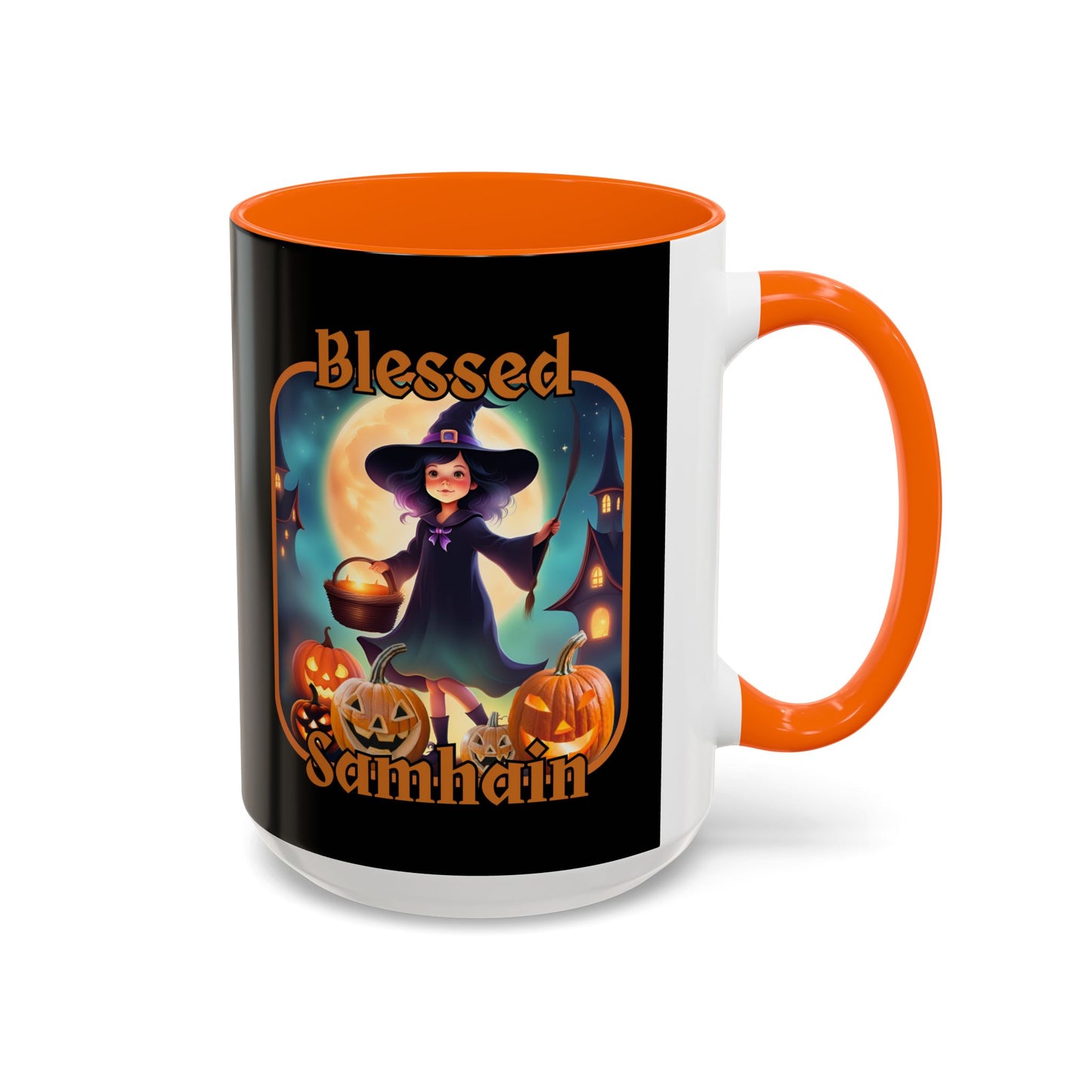 Blessed Samhain Little Witch Orange font Black Accent Mug by CreepyCrafts.boo