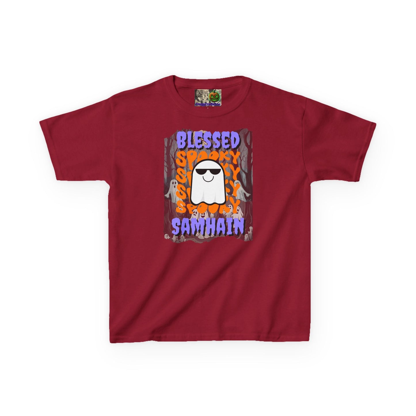 Spooky Blessed Samhain Ghost Purple font Kids Heavy Cotton™ Tee by CreepyCrafts.boo