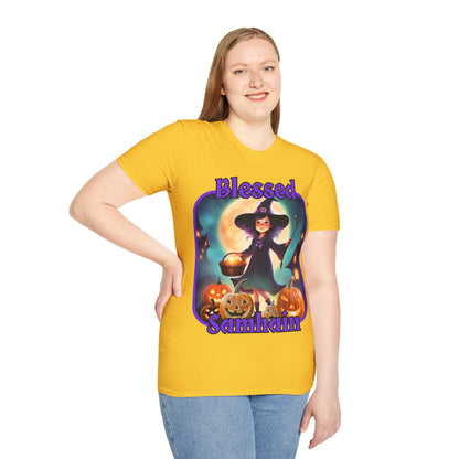 Blessed Samhain Little Witch Purple font Light colors Unisex T-Shirt by CreepyCrafts.boo