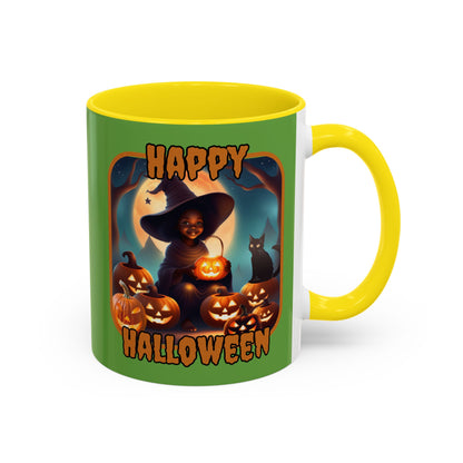 Happy Halloween Cute Witch Orange font Green Accent Mug by CreepyCrafts.boo
