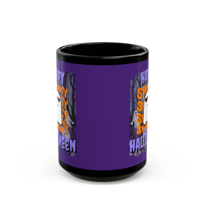 Spooky Happy Halloween Ghost Purple font Purple Mug by CreepyCrafts.boo