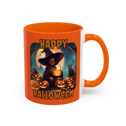 Happy Halloween Cute Witch Orange font Orange Accent Mug by CreepyCrafts.boo