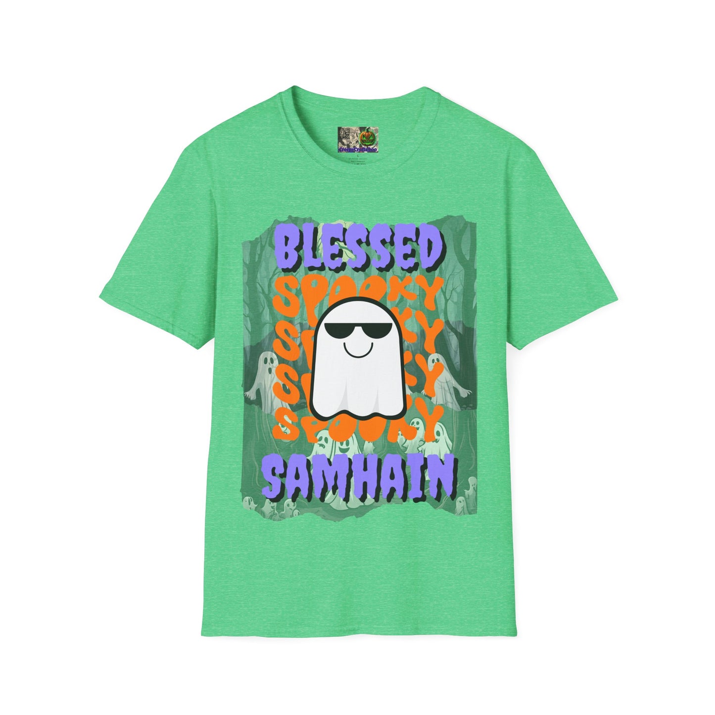 Spooky Blessed Samhain Ghost Purple font Unisex T-Shirt by CreepyCrafts.boo