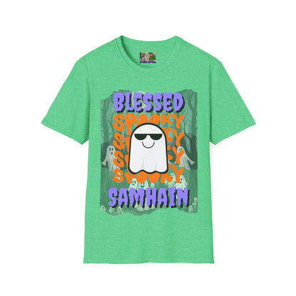 Spooky Blessed Samhain Ghost Purple font Unisex T-Shirt by CreepyCrafts.boo