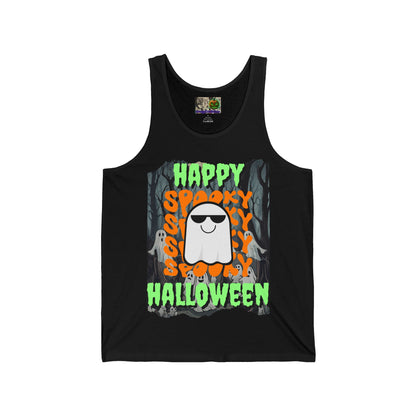 Spooky Happy Halloween Ghost Green font Unisex Jersey Tank Top by CreepyCrafts.boo