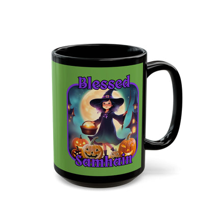 Blessed Samhain Little Witch Purple font Green Mug by CreepyCrafts.boo