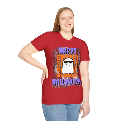 Spooky Happy Halloween Ghost Light colors Purple font Unisex T-Shirt by CreepyCrafts.boo
