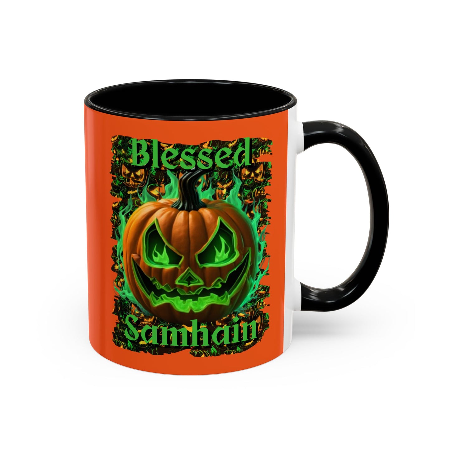 Blessed Samhain Green Jack Orange Accent Mug by CreepyCrafts.boo
