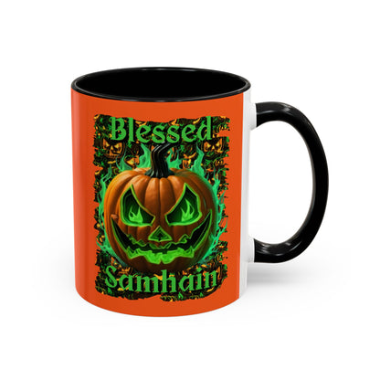 Blessed Samhain Green Jack Orange Accent Mug by CreepyCrafts.boo