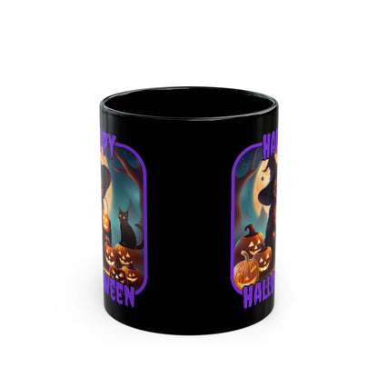 Happy Halloween Cute Witch Purple font Black Mug by CreepyCrafts.boo