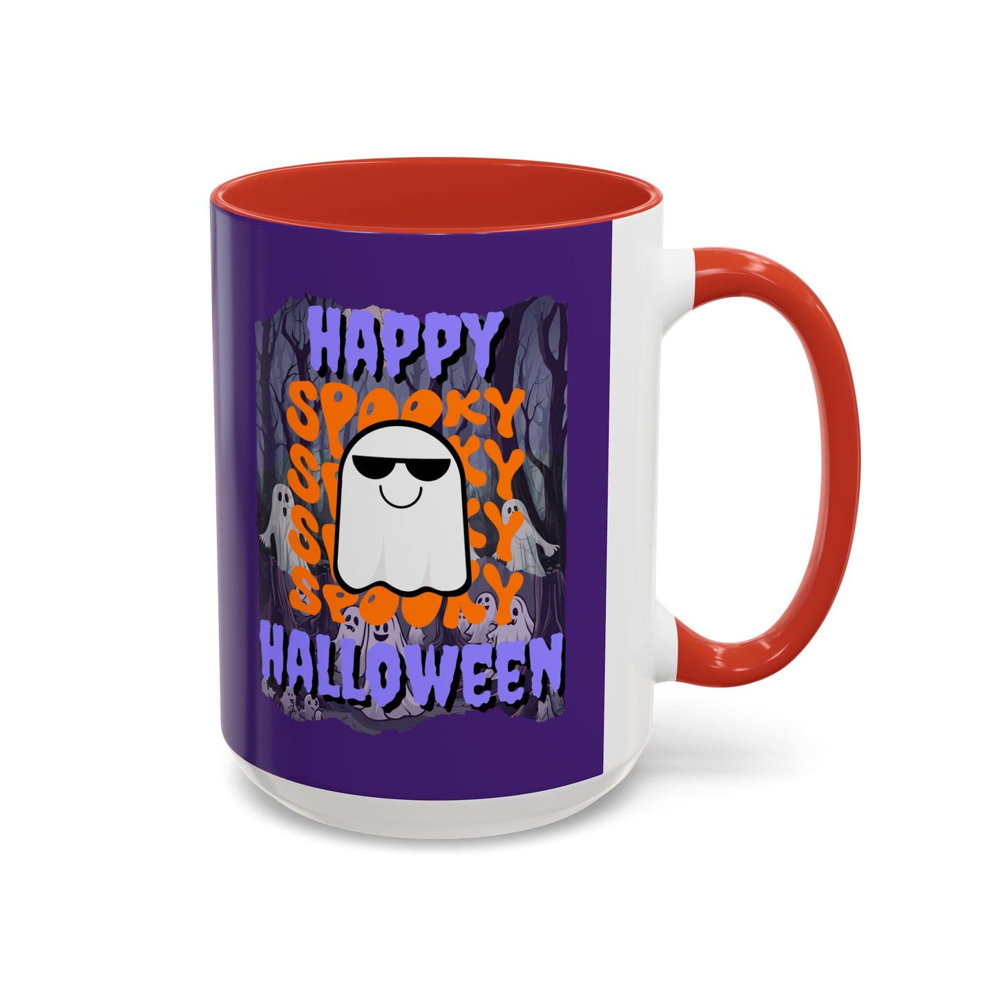 Spooky Happy Halloween Ghost Purple font Purple Accent Mug by CreepyCrafts.boo