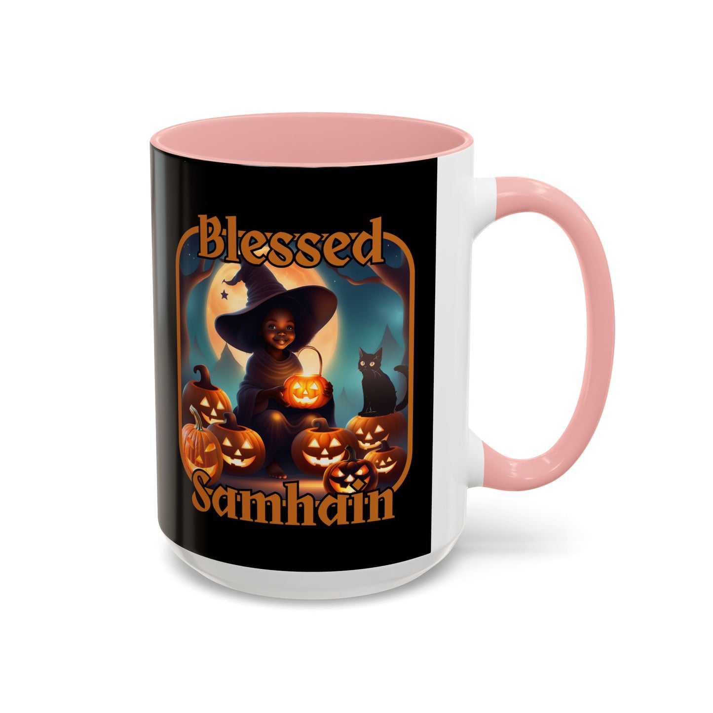 Blessed Samhain Cute Witch Orange font Black Accent Mug by CreepyCrafts.boo