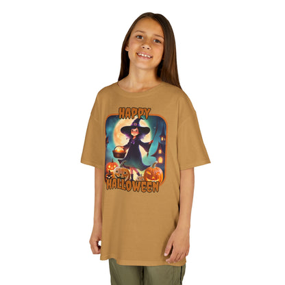 Happy Halloween Little Witch Orange font Kids Heavy Cotton™ Tee by CreepyCrafts.boo