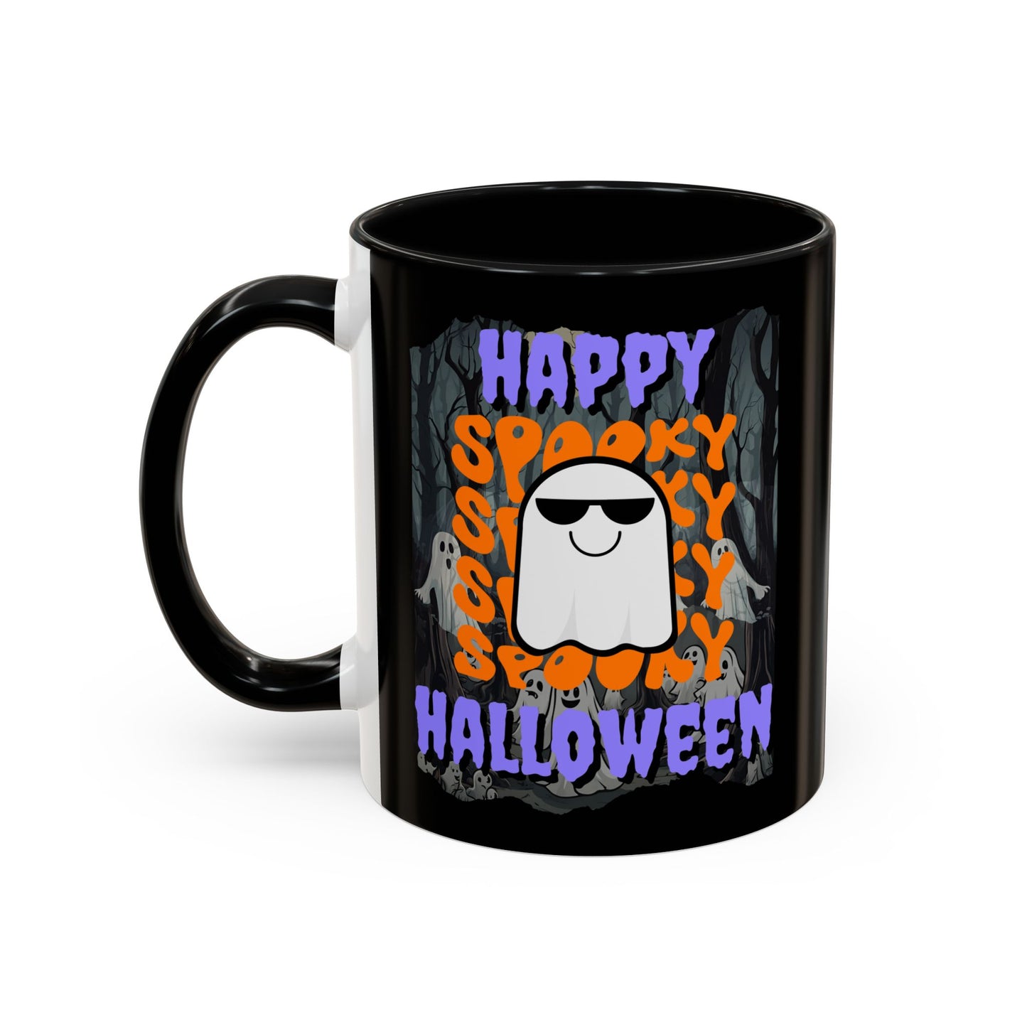 Spooky Happy Halloween Ghost Purple font Black Accent Mug by CreepyCrafts.boo