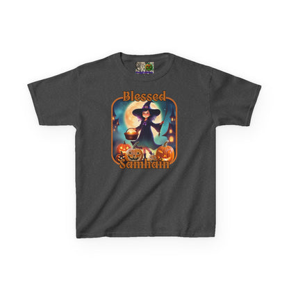 Blessed Samhain Little Witch Orange font Kids Heavy Cotton™ Tee by CreepyCrafts.boo