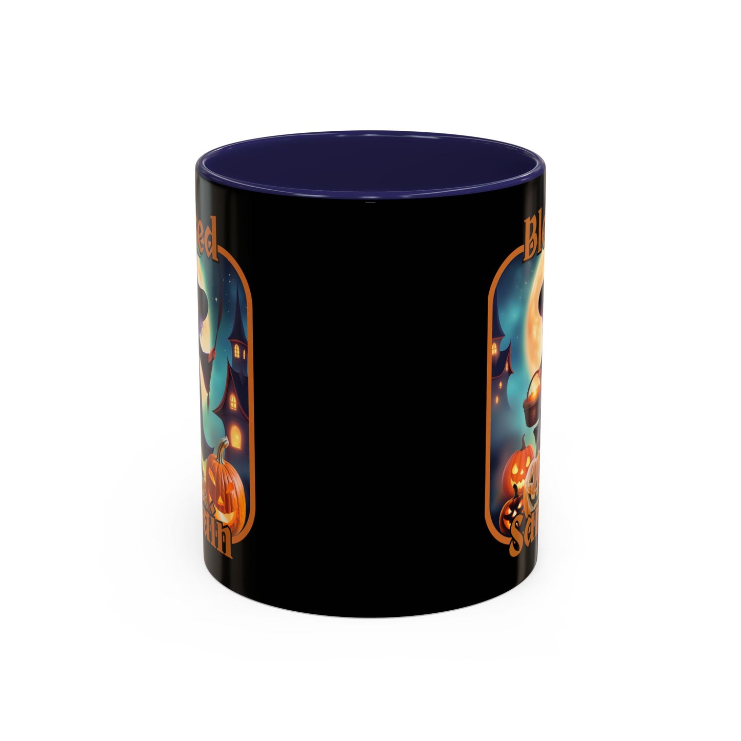 Blessed Samhain Little Witch Orange font Black Accent Mug by CreepyCrafts.boo