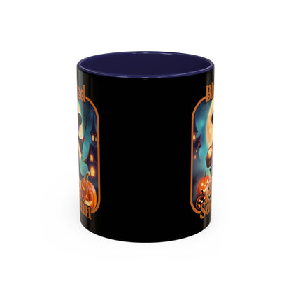 Blessed Samhain Little Witch Orange font Black Accent Mug by CreepyCrafts.boo