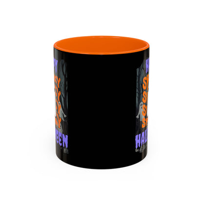 Spooky Happy Halloween Ghost Purple font Black Accent Mug by CreepyCrafts.boo