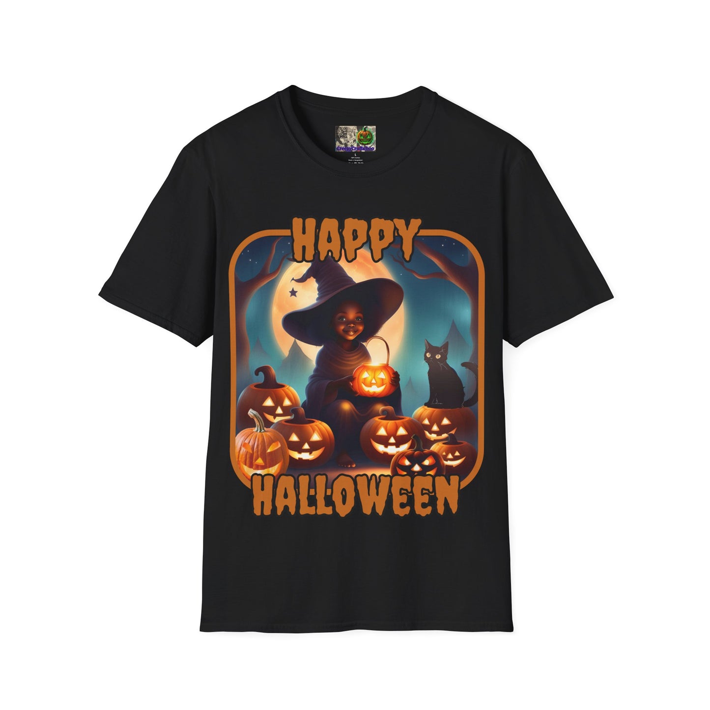 Happy Halloween Cute Witch Orange font, Dark colors, Unisex T-Shirt by CreepyCrafts.boo