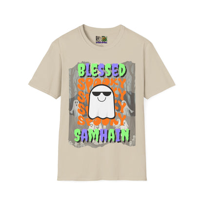 Spooky Blessed Samhain Ghost Mixed font Unisex T-Shirt by CreepyCrafts.boo