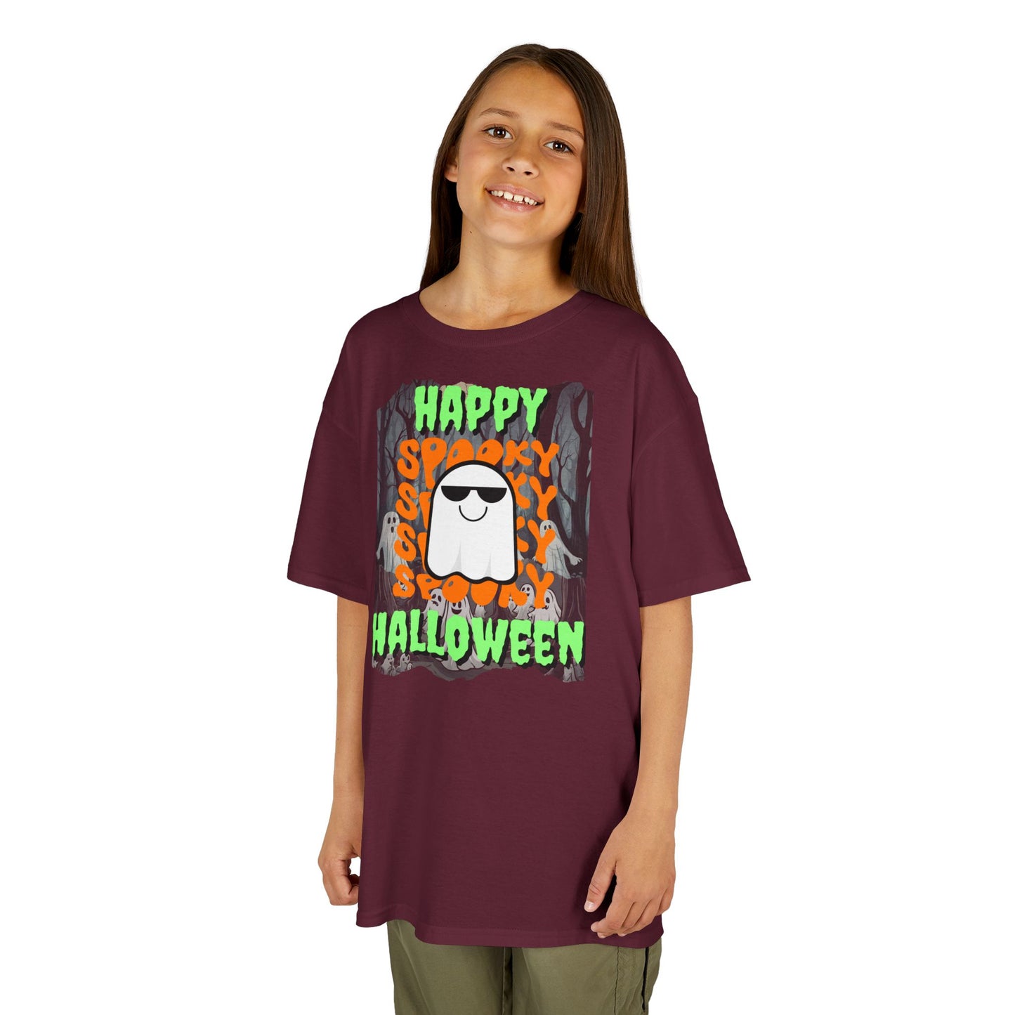 Spooky Happy Halloween Ghost Green font Kids Heavy Cotton™ Tee by CreepyCrafts.boo