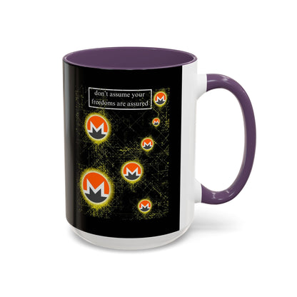 Monero (XMR) don't assume your freedoms are assured Black Accent Mug by cypherpunkgear.com