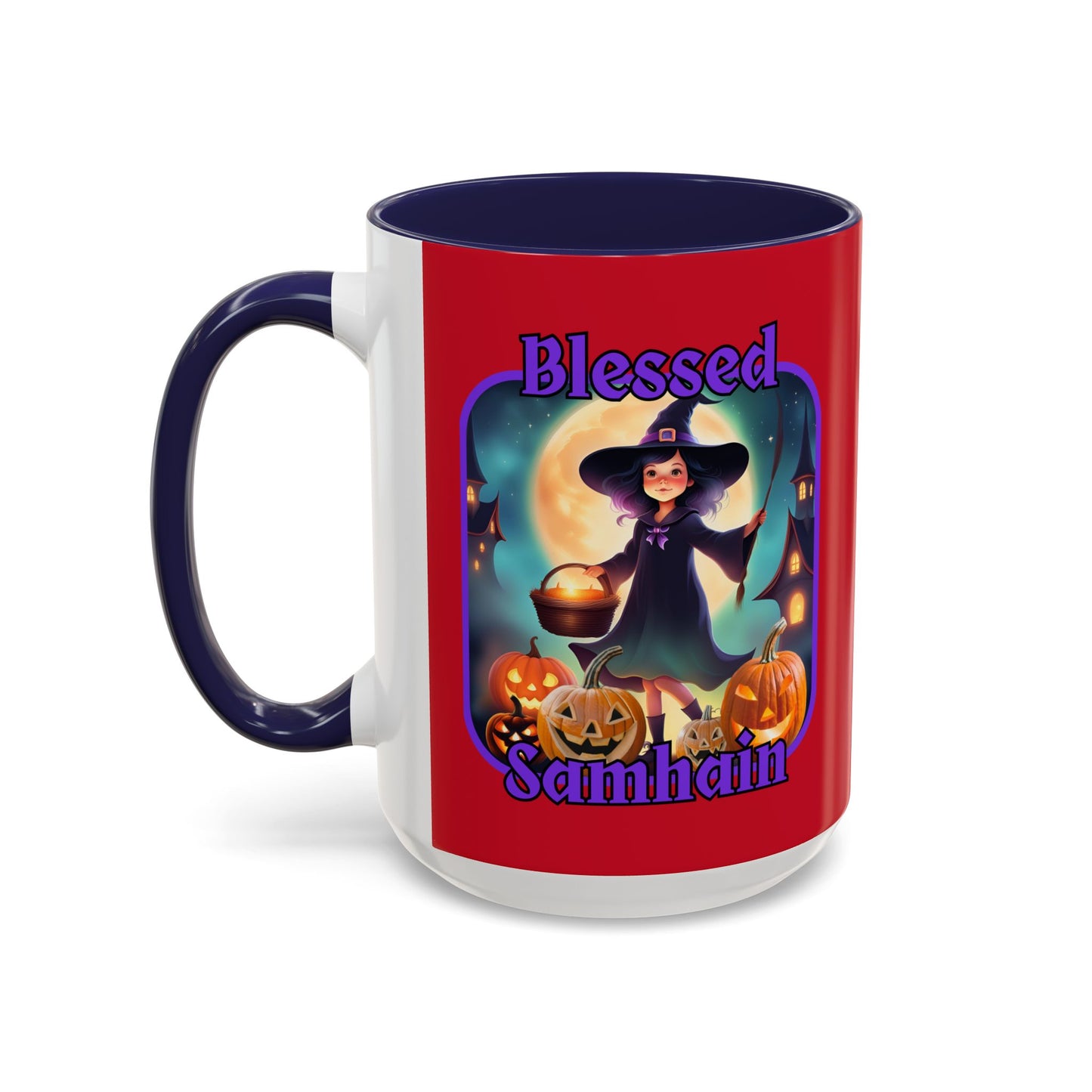 Blessed Samhain Little Witch Purple font Red Accent Mug by CreepyCrafts.boo