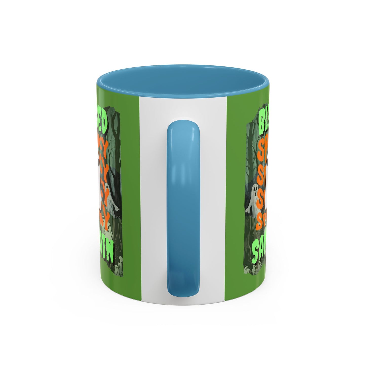 Spooky Blessed Samhain Ghost Green font Accent Mug by CreepyCrafts.boo