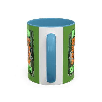 Spooky Blessed Samhain Ghost Green font Accent Mug by CreepyCrafts.boo