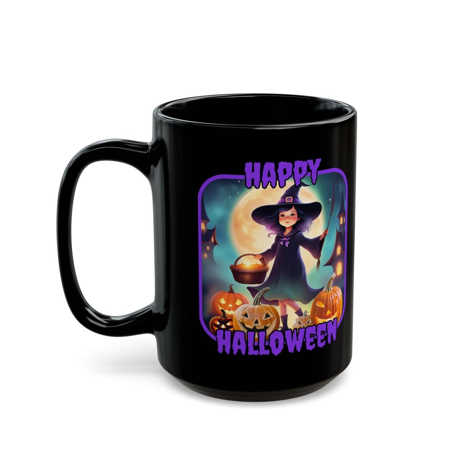 Happy Halloween Little Witch Purple font Black Mug by CreepyCrafts.boo