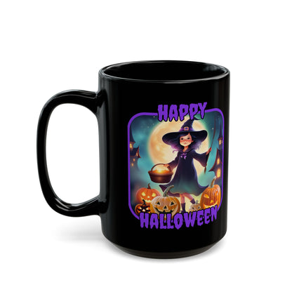 Happy Halloween Little Witch Purple font Black Mug by CreepyCrafts.boo