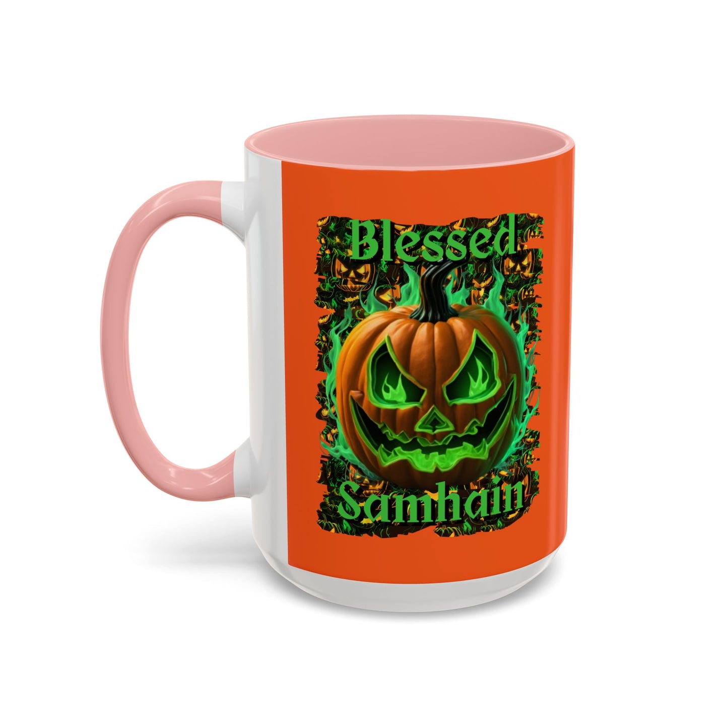 Blessed Samhain Green Jack Orange Accent Mug by CreepyCrafts.boo