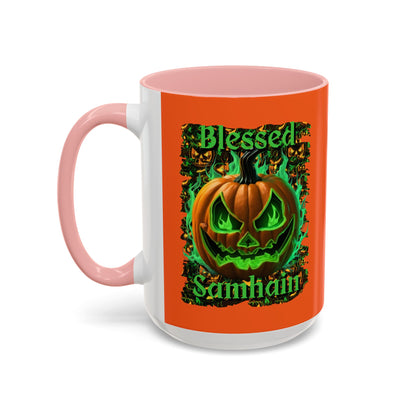 Blessed Samhain Green Jack Orange Accent Mug by CreepyCrafts.boo