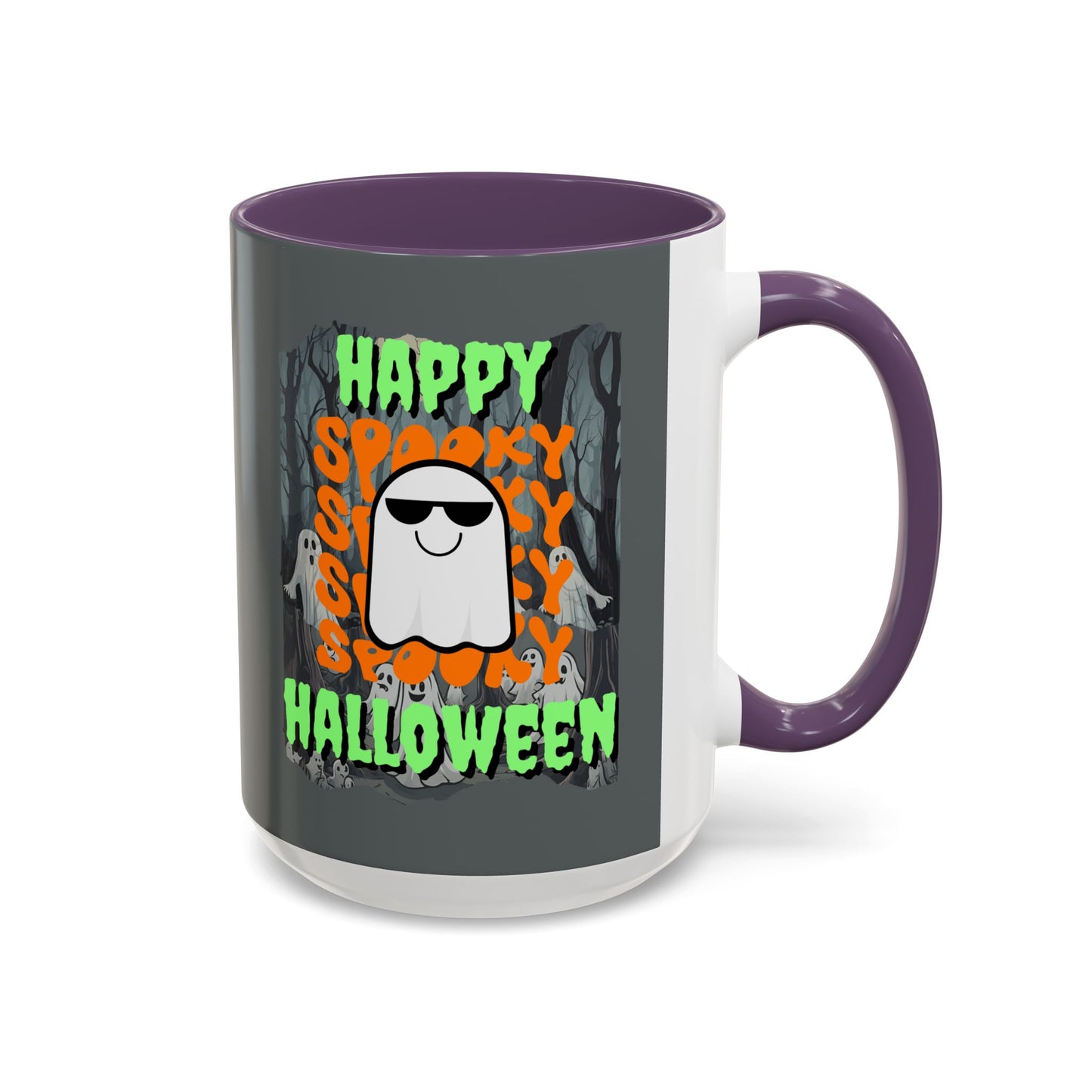 Spooky Happy Halloween Ghost Green font Grey Accent Mug by CreepyCrafts.boo