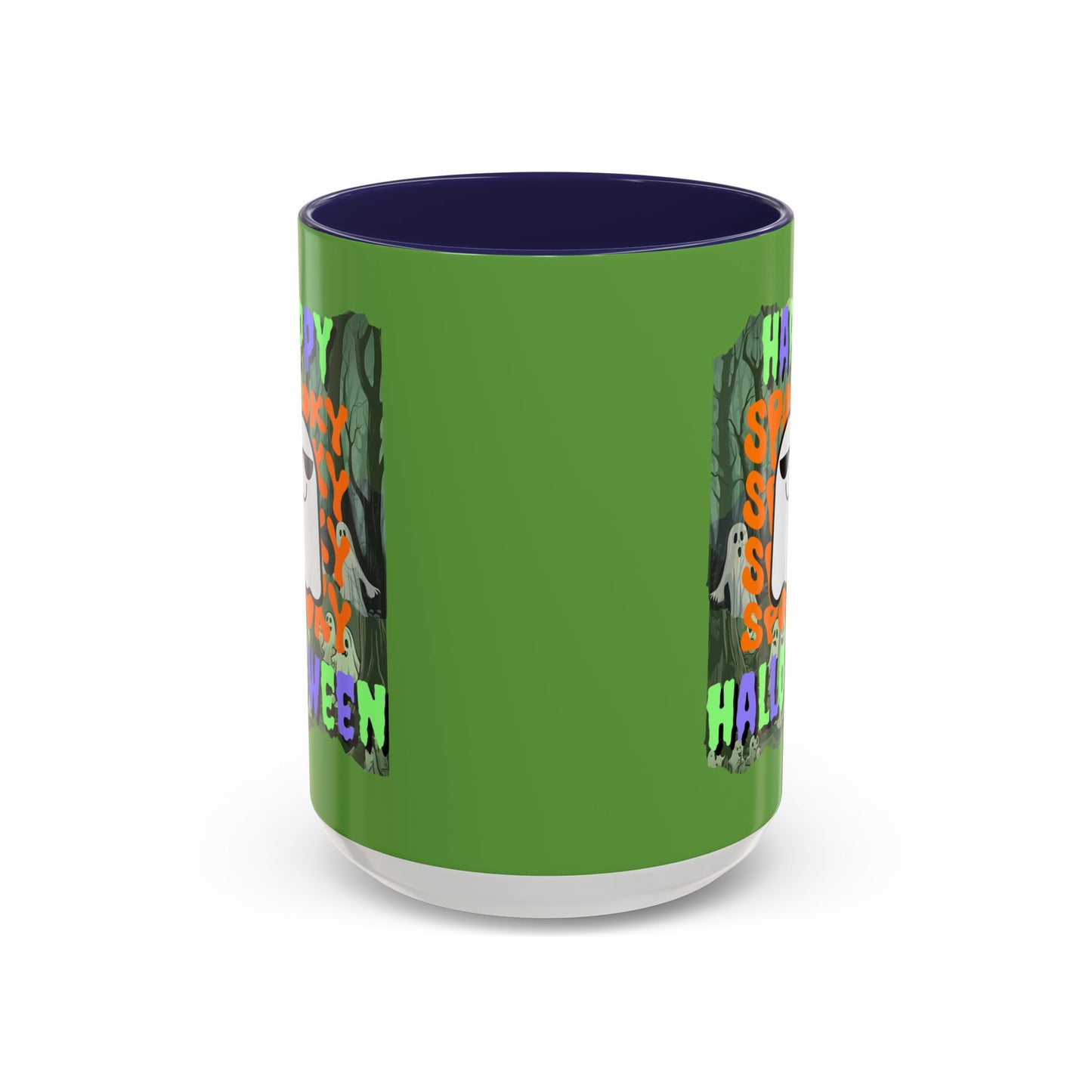 Spooky Happy Halloween Ghost Mixed font Green Accent Mug by CreepyCrafts.boo