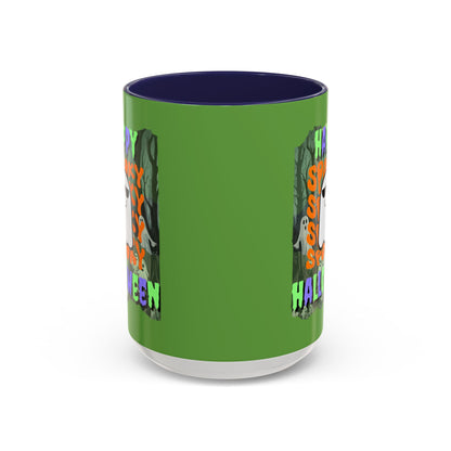 Spooky Happy Halloween Ghost Mixed font Green Accent Mug by CreepyCrafts.boo