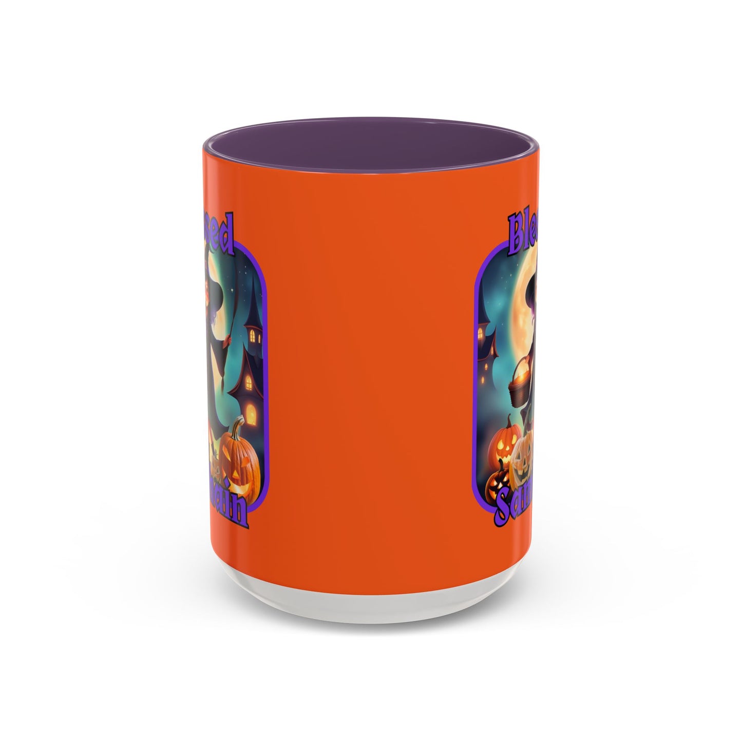 Blessed Samhain Little Witch Purple font Orange Accent Mug by CreepyCrafts.boo