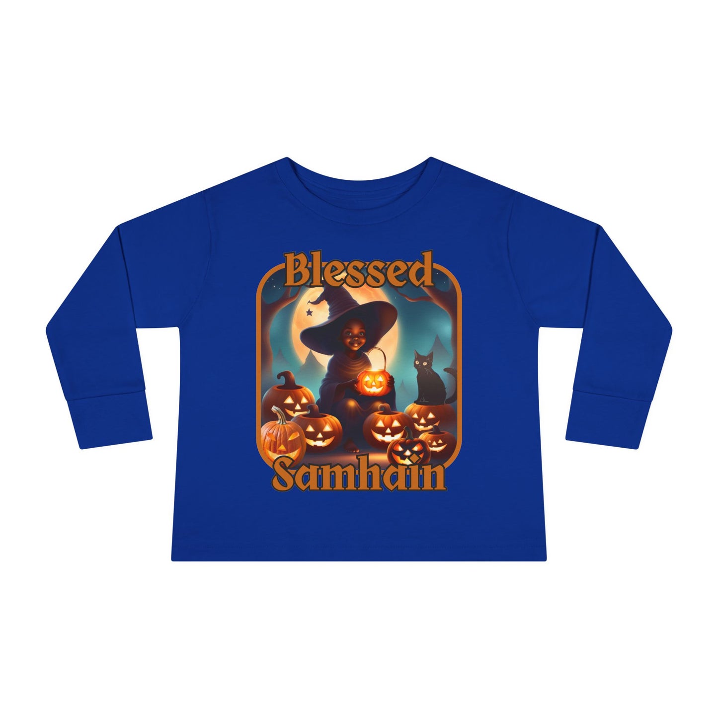 Blessed Samhain Cute Witch Orange font Toddler Long Sleeve Tee by CreepyCrafts.boo