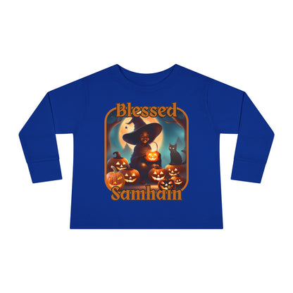 Blessed Samhain Cute Witch Orange font Toddler Long Sleeve Tee by CreepyCrafts.boo