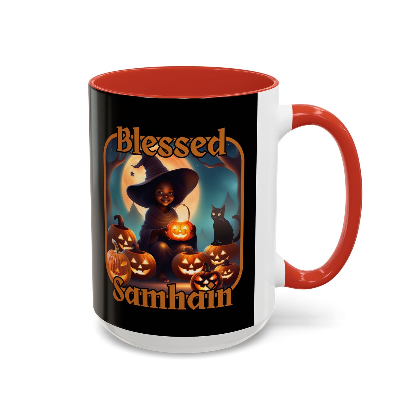 Blessed Samhain Cute Witch Orange font Black Accent Mug by CreepyCrafts.boo