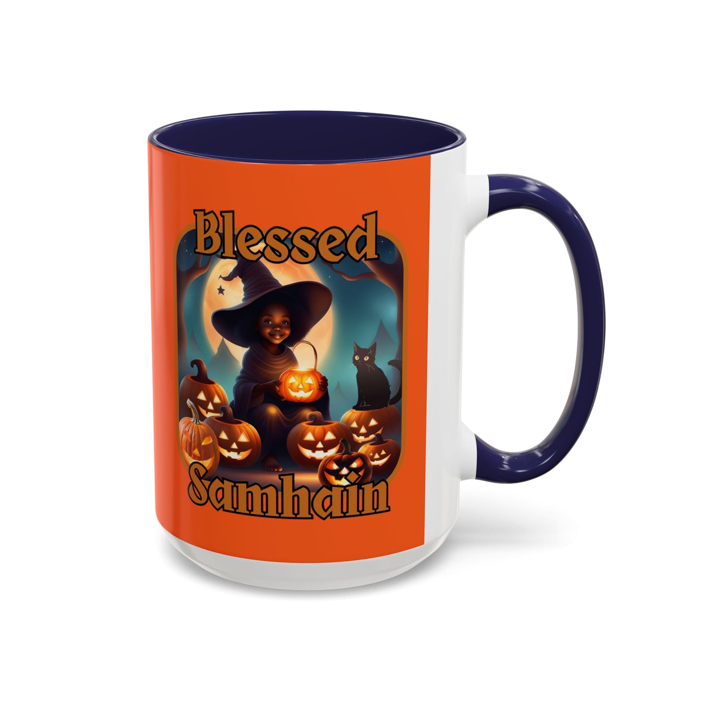 Blessed Samhain Cute Witch Orange font Orange Accent Mug by CreepyCrafts.boo