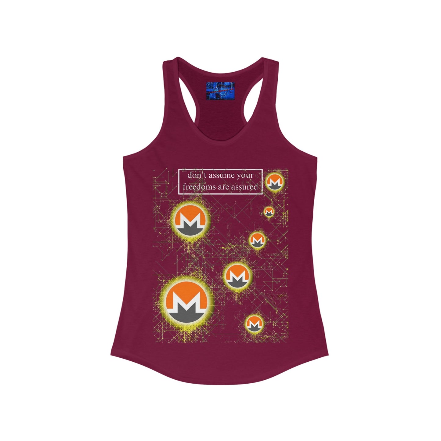 Monero (XMR) don't assume your freedoms are assured Dark colors Women's Racerback Tank Top by cypherpunkgear.com