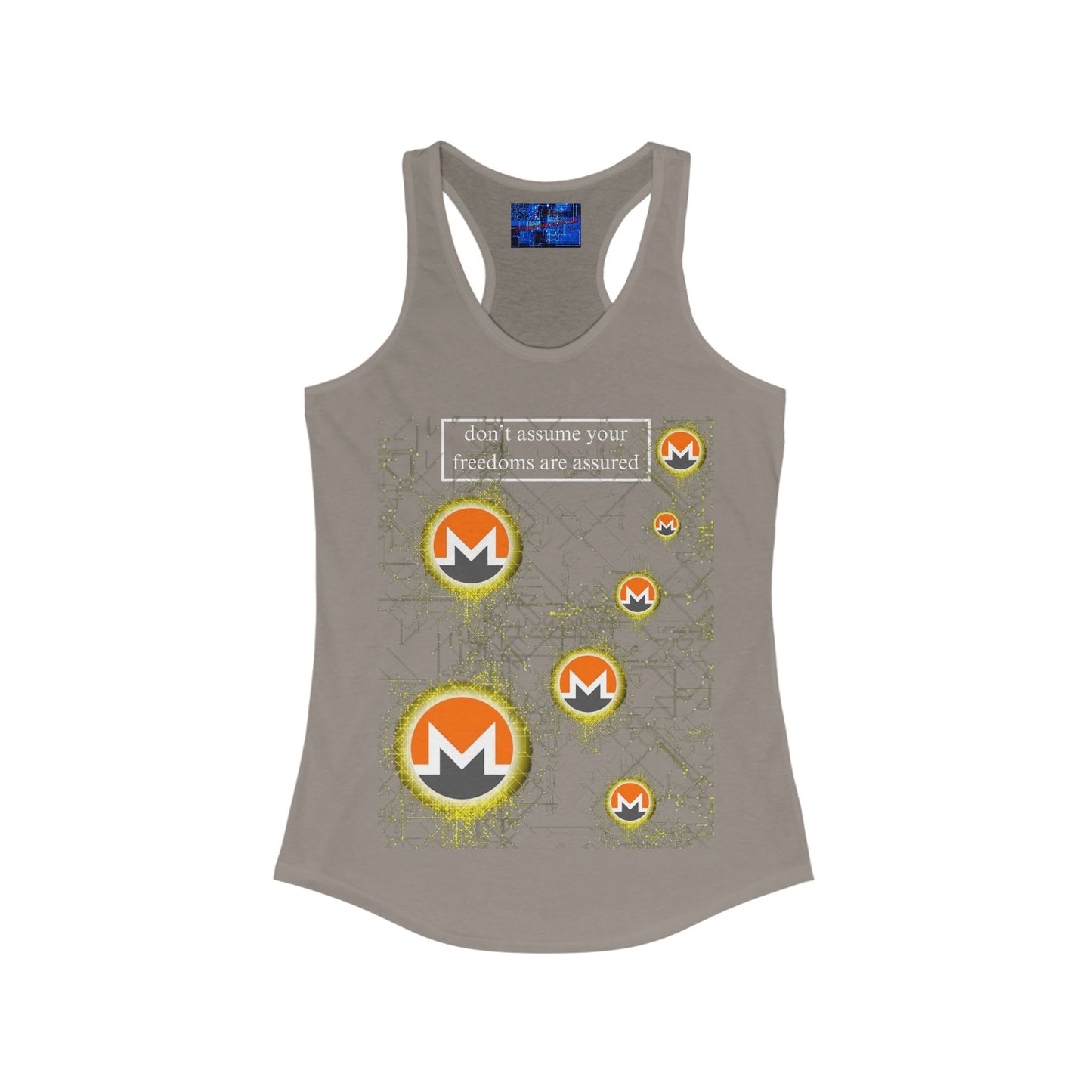 Monero (XMR) don't assume your freedoms are assured Dark colors Women's Racerback Tank Top by cypherpunkgear.com