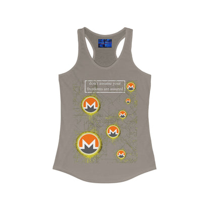 Monero (XMR) don't assume your freedoms are assured Dark colors Women's Racerback Tank Top by cypherpunkgear.com