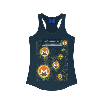 Monero (XMR) don't assume your freedoms are assured Dark colors Women's Racerback Tank Top by cypherpunkgear.com
