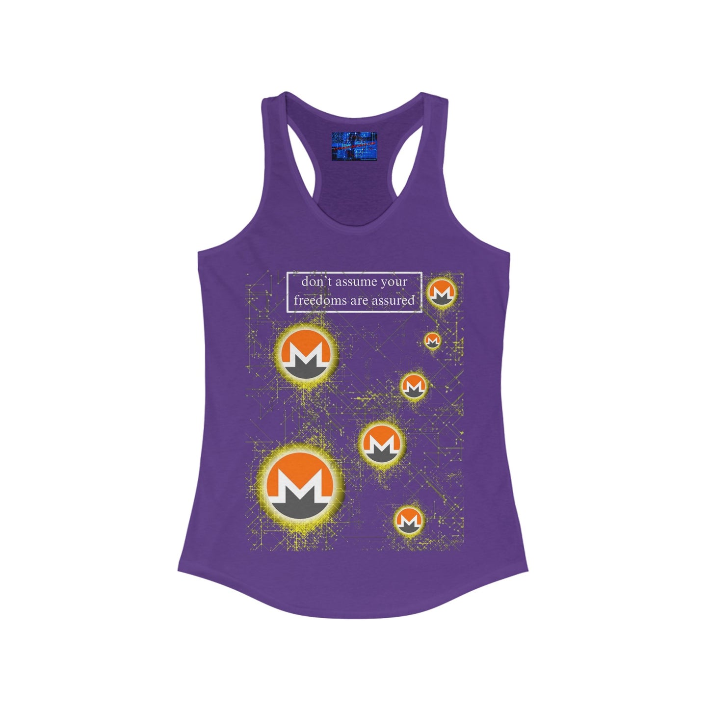 Monero (XMR) don't assume your freedoms are assured Dark colors Women's Racerback Tank Top by cypherpunkgear.com